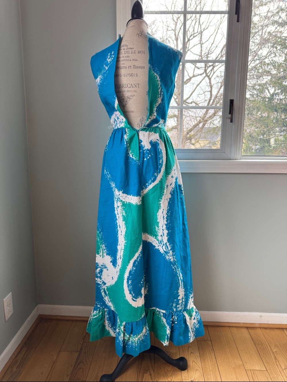 Malia of Honolulu vintage waffle bark cloth maxi Hawaiian sleeveless dress XS - Picture 4 of 10